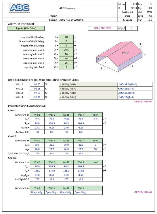 Wind Loads on Partially Open Building ASCE 7-10 Spreadsheet Calculator