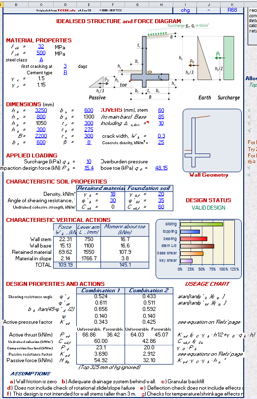 Retaining Wall Design Spreadsheet Calculator