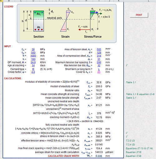 Flexural Concrete Crack Width Calculator