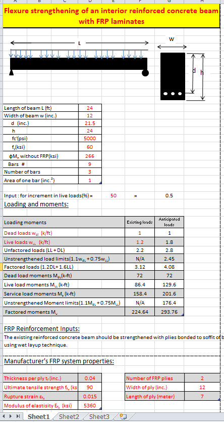 Flexural Strengthening of Reinforced Concrete Beam with FRP Laminates Spreadsheet Calculator