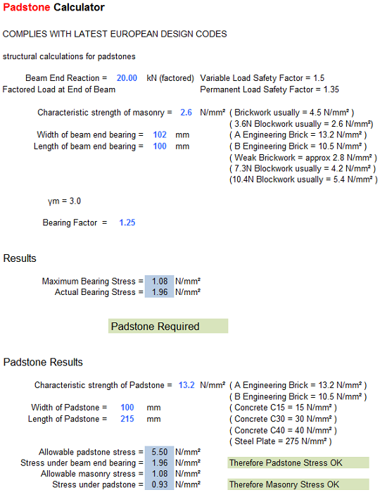 Padstone Structural Analysis EU Standards Calculator Spreadsheet Calculator