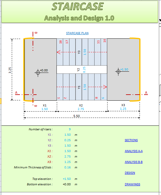 Staircase Analysis and Design Spreadsheet Calculator