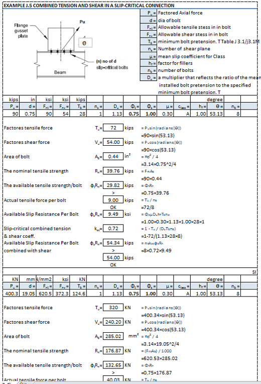 Combined Tension and Shear In A Slip-critical Connection Spreadsheet Calculator