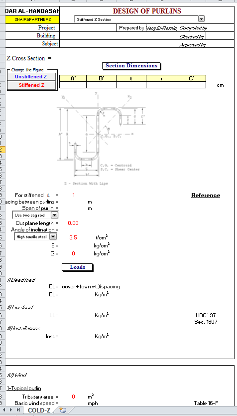 Design of Z Purlins Spreadsheet Calculator