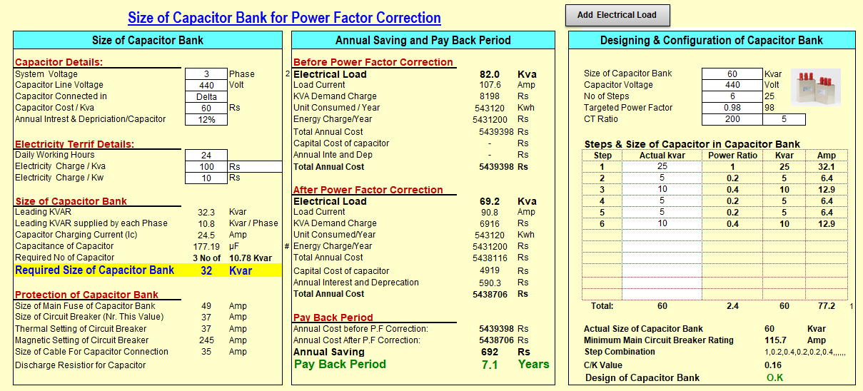 Power Factor Capacitor Size Design Calculator