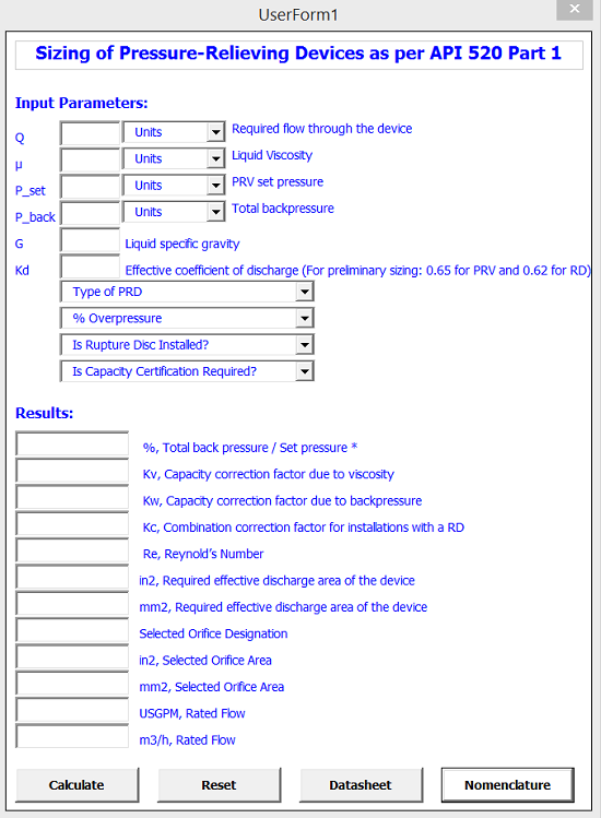 Pressure Relief Devices Sizing Macro Excel Spreadsheet Calculator