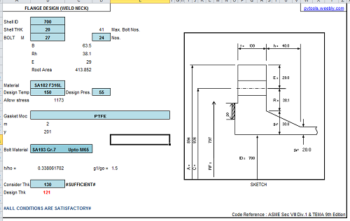 Pressure vessel Flange Check Design Spreadsheet Calculator